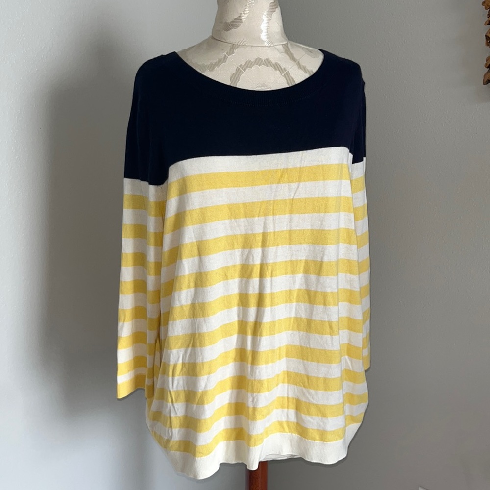 Talbots Navy, Yellow & White Striped Scoop Neck Sweater with Back Buttons 2X